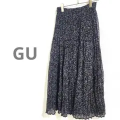 GU ジーユー プリーツロングスカート 線画 花柄 春服 M ワッシャー