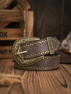 【ダークブラウン】クロスバックル スタッズベルト グランジ
