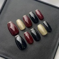 17. ネイルチップ ボルドー 黒 ゴールド フレンチ ミラー ラメ 大人ネイル