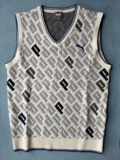 【新品】PUMA パターンニットベスト Mサイズ グレー/ホワイト