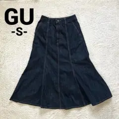 【GU】デニムフレアスカート ロング マーメイド インディゴ ネイビー S 綿