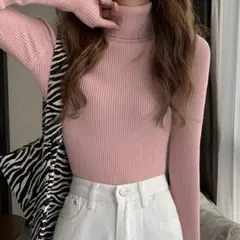 薄手細身タートルネック 　長袖リブニット