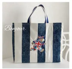 イギリス英国テディベア刺繍の手提げトート・レッスンバッグ絵本袋のサムネイル