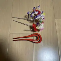 昭和レトロ カラフルな花飾りと赤いかんざしセット