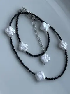 淡水パール　虹色　クローバー　ブラックスピネル　ネックレス　unisex