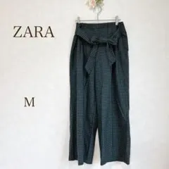 ザラ　パンツ　チェック柄　グレー　緑　青　リボン付き　フェミニン　M ZARA
