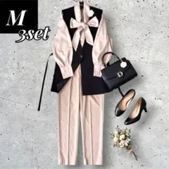 新品有 ZARAジレ セレモニーママスーツ M3点 ボウタイ 黒ベージュ 入学式