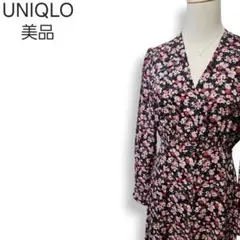 美品★ユニクロ レーヨン100% ウエストゴム 小花柄 ロングブラウスワンピース