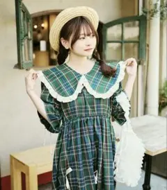 【クティールとレトロ】マルチウェイビッグ襟チェックリボンワンピース グリーン