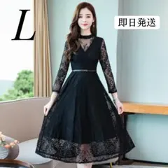 新品 フォーマルワンピース ドレス レース 結婚式 お呼ばれ 発表会 Lブラック