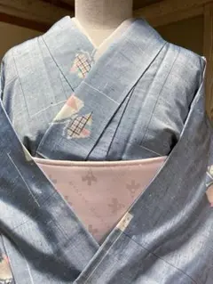 紬　袷着物　正絹　未着用品　蝶々の柄