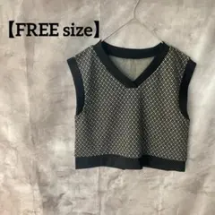 柄ニットベスト✨【FREE size】黒&ベージュ柄　ショート丈　総柄ニット