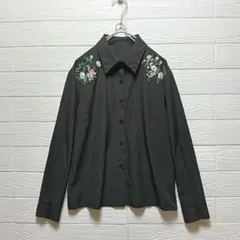 【美品】SHEIN シーイン 花柄 刺繍 長袖 シャツ ブラウス ブラック Lのサムネイル