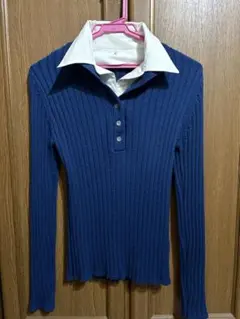 ネイビー リブ編み 長袖セーター