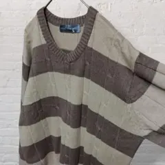 ボーダー 3Dケーブル編 レトロ y2k 柄ニット ブラウン ベージュ ゆるダボ