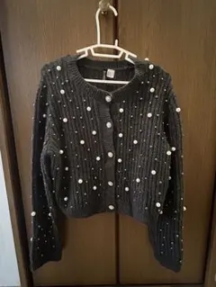 グレー パール装飾 ニットカーディガン M