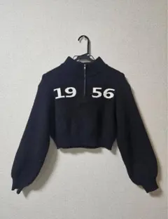 Sサイズ ハーフジップ ニットセーター 長袖 ショート丈 ロゴニット 秋冬