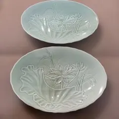 快山窯 塚本快示 青白磁鷺草文皿 共箱付 陶磁器 木箱付 飾り皿 花 鷺草