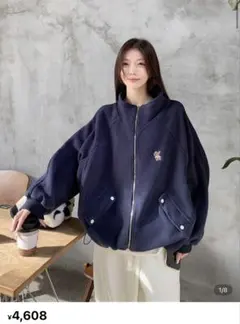 SHEIN ジップアップ 長袖 スタンドカラー 刺繍ベアシェルパジャケット