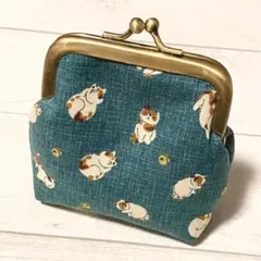 鈴ねこ柄のがま口〜浅葱色〜