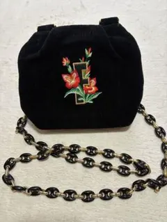 フェイラー　コーデュロイ黒ショルダーバッグ フラワー刺繍
