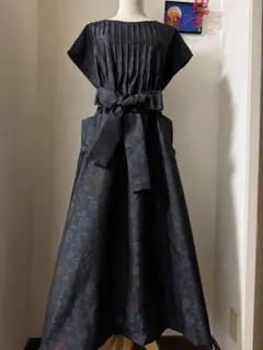 本場大島紬 ピンタック フレンチスリーブロングワンピース 証紙 宮脇特製