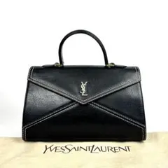 【美品】イヴサンローラン　ハンドバッグ　YSL　ステッチ　裏地総柄　レザー　黒色