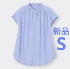 新品未使用 GU リネンブレンドギャザーブラウス　Sサイズ　ブルーのサムネイル