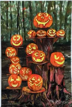 水彩画　手描きイラスト アート 絵画　ポストカード　ハロウィン