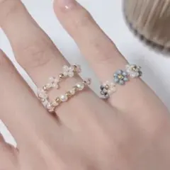 くすみブルー×ベージュ ︴お花のビーズリングセット ︴No.1004