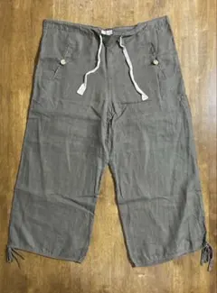 Studio Clip リネン麻100% クロップド丈 ワイドパンツ カーキ