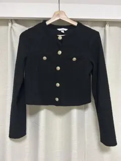 【美品】H&M/ノーカラーツイード風カーディガン/金ボタン/黒/ブラック