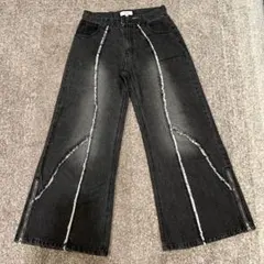 ブラックブーツカットデニム M フリンジ加工