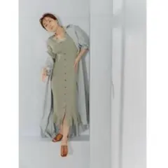 SNIDEL スナイデル リブニットロングワンピース フロントボタン グリーン