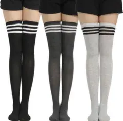 レディース ニーハイソックス 3足セット ライン 靴下 膝上 ハイソックス