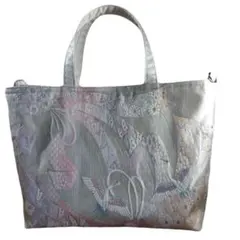 一点物　帯リメイク 刺繍入り 鶴　ラメ トートバッグ グレー ピンク 白　Dカン