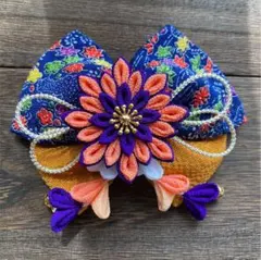 279 つまみ細工 髪飾り リボン 七五三 卒業式 青 黄土色