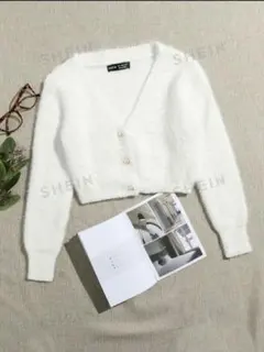 SHEIN ホワイト クロップドカーディガン