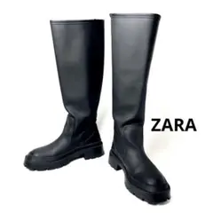ZARA ラバーフラットロングブーツ 38 24.5cm オールブラック 極美品