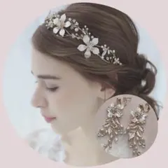 新品❀お花ヘッドドレスイヤリングセットブライダルウェディング結婚式ピンクゴールド