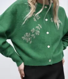 ZARA ザラ ニット ビジュー カーディガン M グリーン