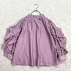 トッコクローゼット【M】紫系 リボンラッフルフリルスリーブシアーブラウス 薄手のサムネイル