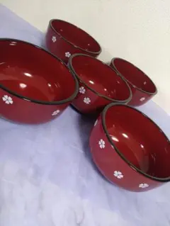 桜柄 汁椀 5客セット 朱色のサムネイル