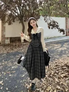 大きいサイズ 新品 レトロ チェック柄 ロングワンピース Aライン 秋冬長袖