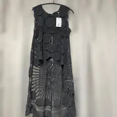 グレー フラワーモチーフ レースベスト手編みジレ。