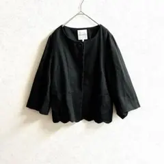ボンメルスリー リネン混 ノーカラージャケット ブラック スカラップ 【S】黒のサムネイル
