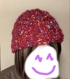 ニットキャップ　ニット帽　ビーニー　アラン模様　ケーブル編み　縄編み　赤