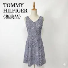 【極美品】トミーヒルフィガー ペイズリーノースリーブフレアワンピース 4紺×白,