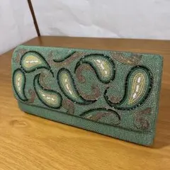 ビーズバッグ クラッチバッグ ペイズリー柄 グリーン レトロ