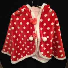 TDRディズニー　ミニー　耳付フードポンチョ　赤白水玉フリース　白ボンボン